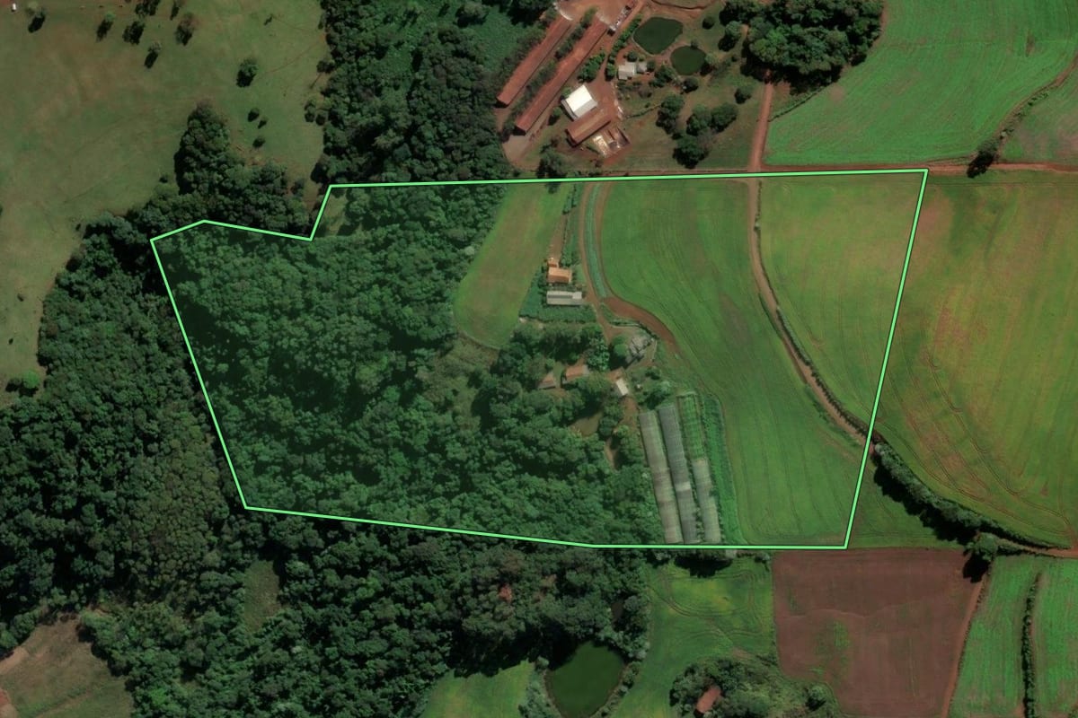 Imagem de satélite do imóvel rural em Saudades (SC), com o contorno declarado no CAR desenhado por cima.