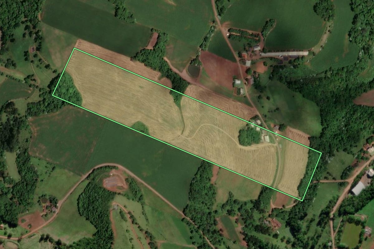 Imagem de satélite do imóvel rural em Saudades (SC), com o contorno declarado no CAR desenhado por cima.