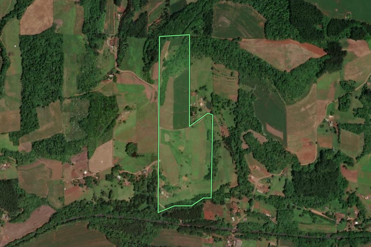 Imagem de satélite do imóvel rural em Saudades (SC), com o contorno declarado no CAR desenhado por cima.