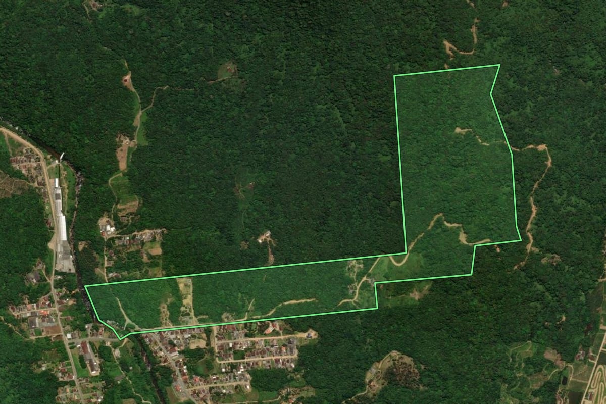 Imagem de satélite do imóvel rural em Schroeder (SC), com o contorno declarado no CAR desenhado por cima.