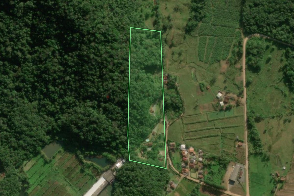 Imagem de satélite do imóvel rural em Schroeder (SC), com o contorno declarado no CAR desenhado por cima.