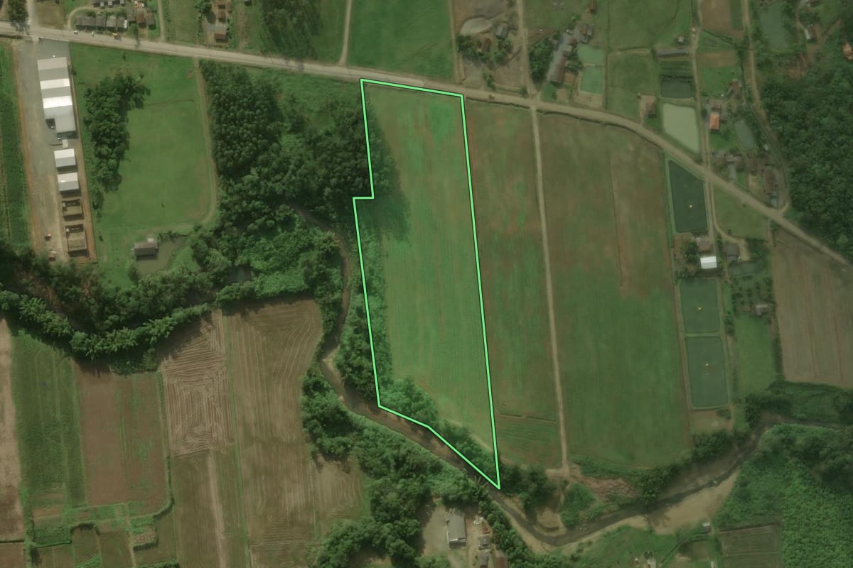 Imagem de satélite do imóvel rural em Schroeder (SC), com o contorno declarado no CAR desenhado por cima.