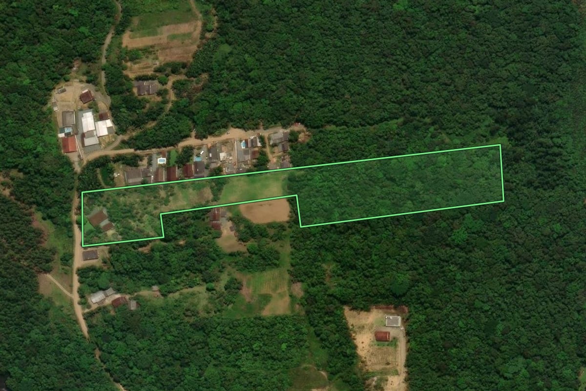 Imagem de satélite do imóvel rural em Schroeder (SC), com o contorno declarado no CAR desenhado por cima.