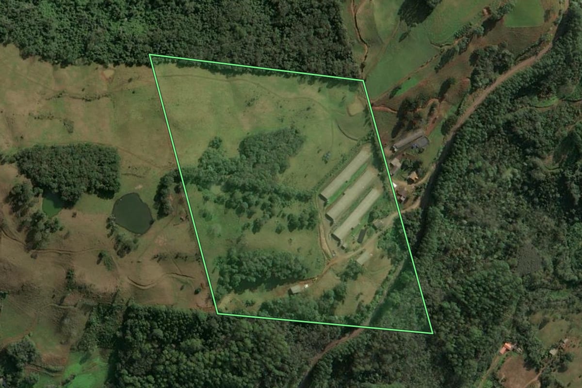 Imagem de satélite do imóvel rural em Seara (SC), com o contorno declarado no CAR desenhado por cima.