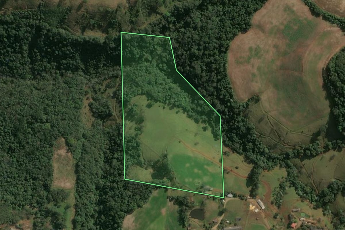 Imagem de satélite do imóvel rural em Seara (SC), com o contorno declarado no CAR desenhado por cima.