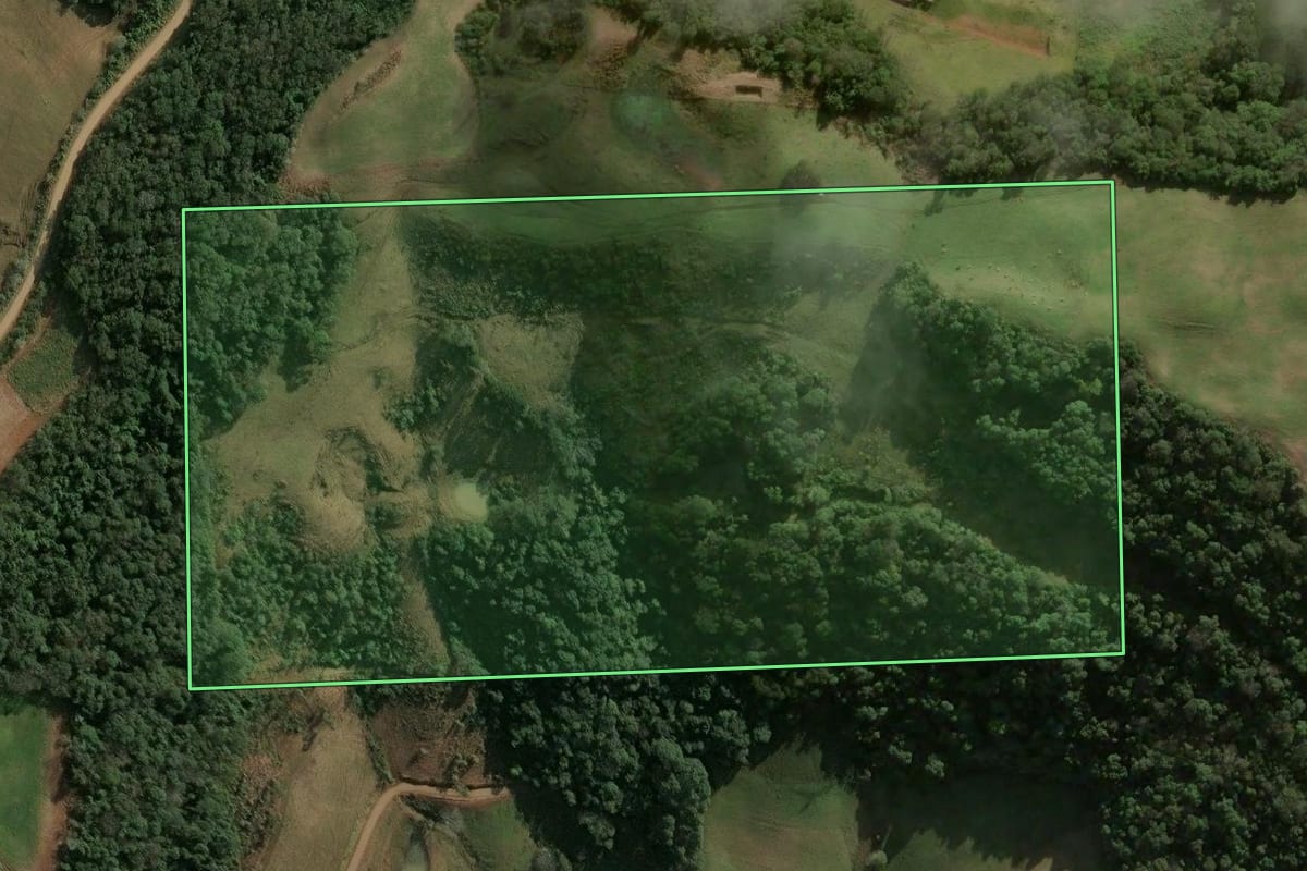 Imagem de satélite do imóvel rural em Seara (SC), com o contorno declarado no CAR desenhado por cima.