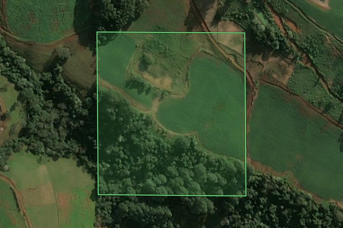 Imagem de satélite do imóvel rural em Seara (SC), com o contorno declarado no CAR desenhado por cima.