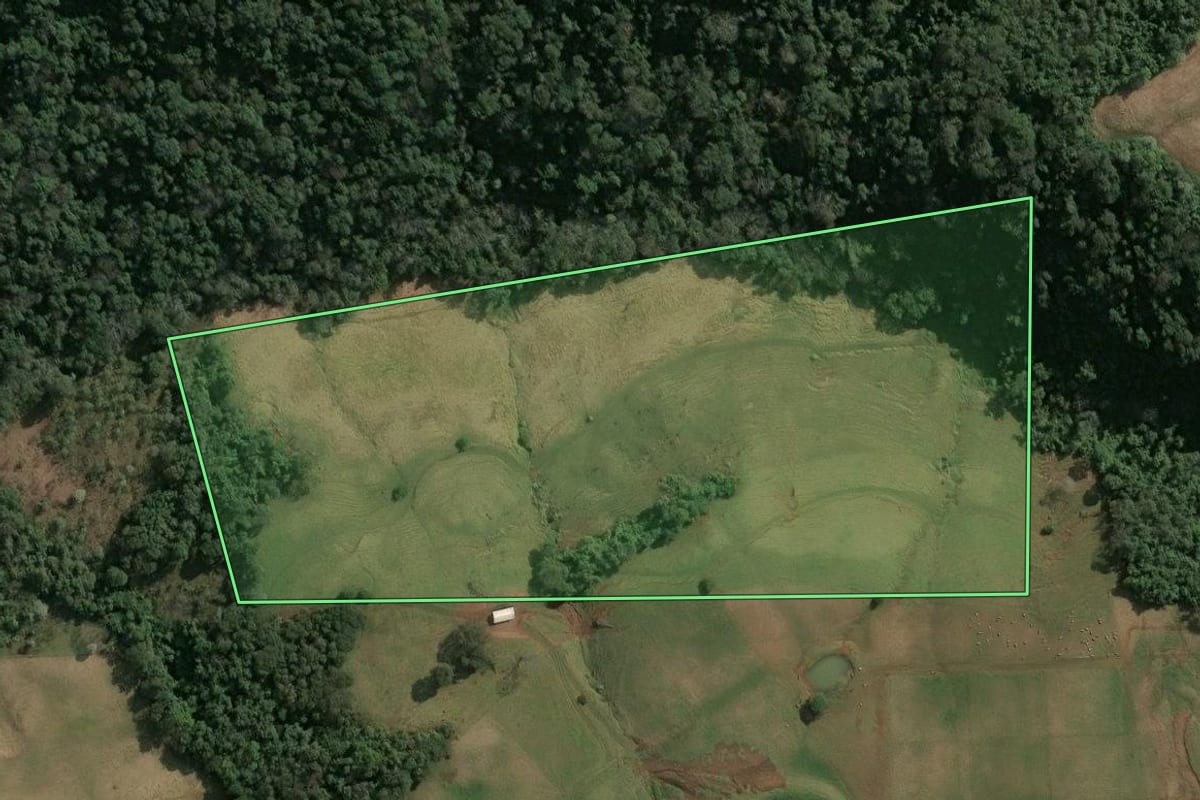 Imagem de satélite do imóvel rural em Seara (SC), com o contorno declarado no CAR desenhado por cima.