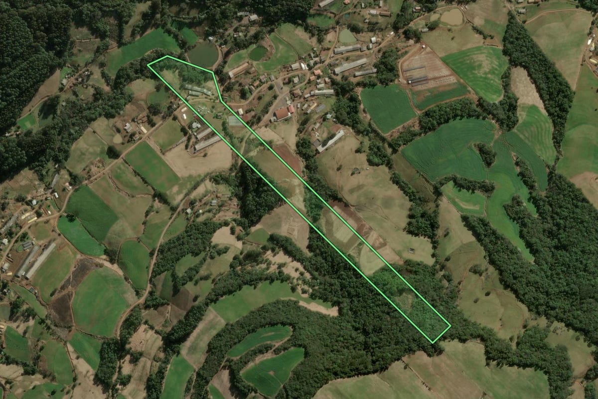 Imagem de satélite do imóvel rural em Seara (SC), com o contorno declarado no CAR desenhado por cima.