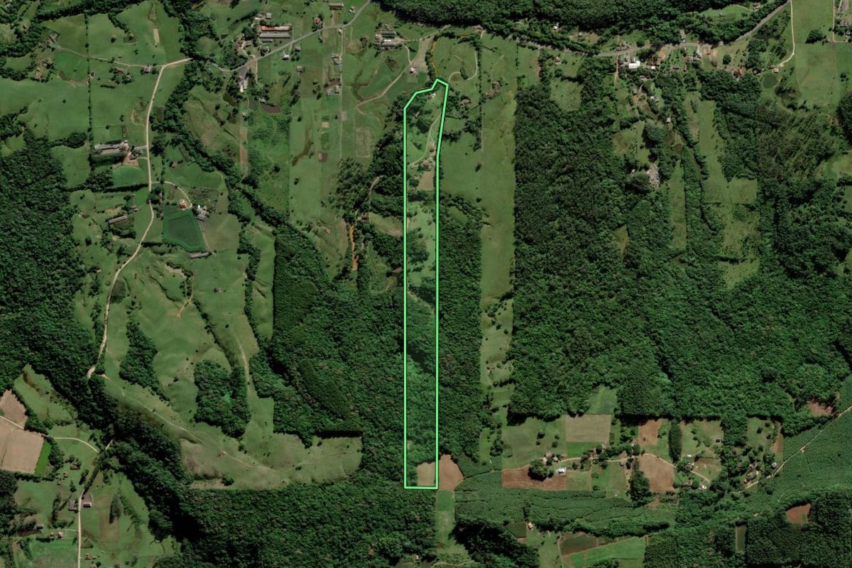 Imagem de satélite do imóvel rural em Siderópolis (SC), com o contorno declarado no CAR desenhado por cima.