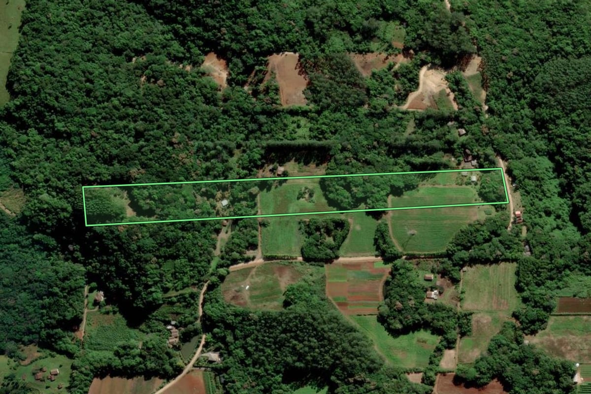 Imagem de satélite do imóvel rural em Siderópolis (SC), com o contorno declarado no CAR desenhado por cima.