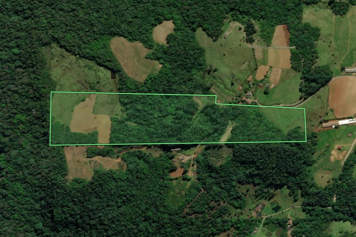 Imagem de satélite do imóvel rural em Siderópolis (SC), com o contorno declarado no CAR desenhado por cima.