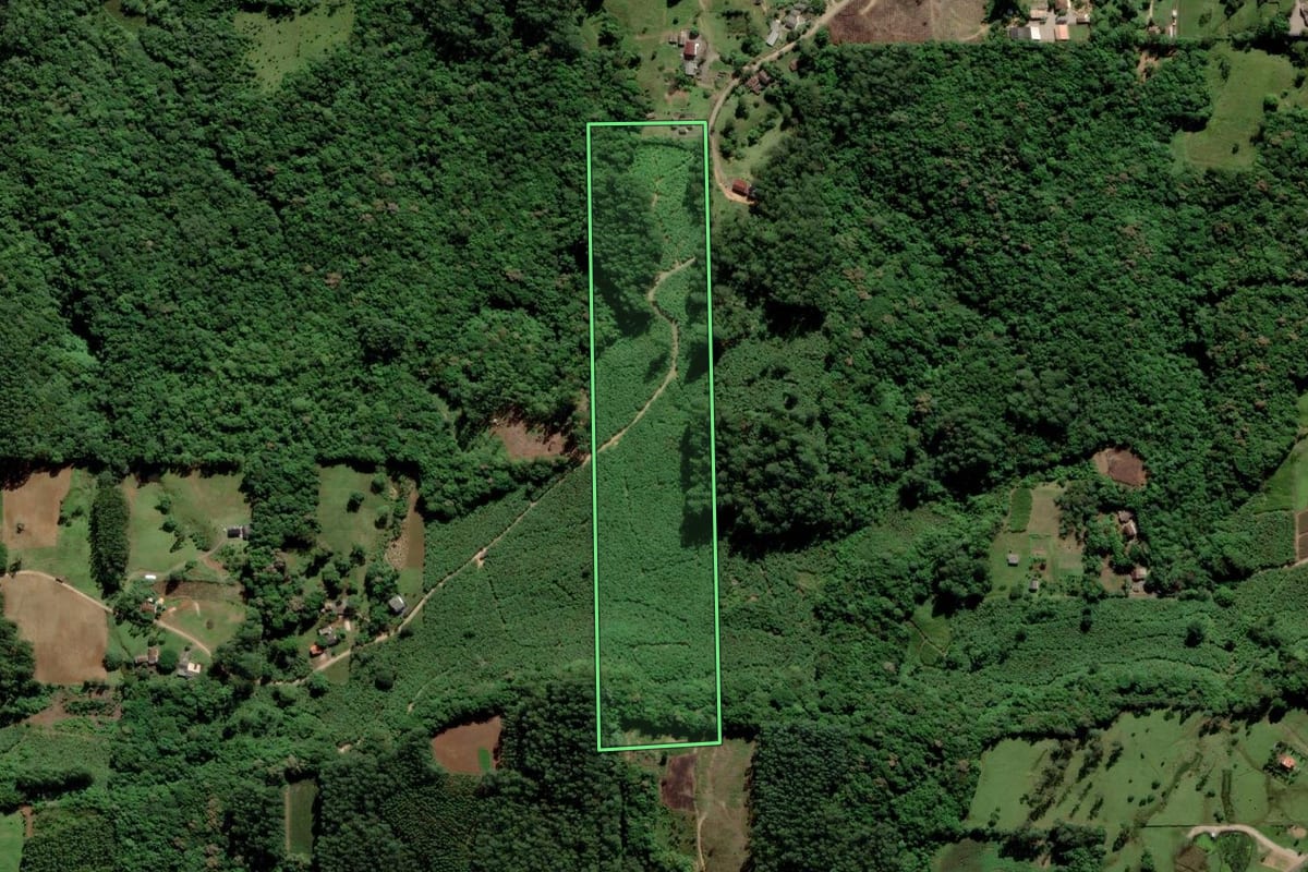 Imagem de satélite do imóvel rural em Siderópolis (SC), com o contorno declarado no CAR desenhado por cima.