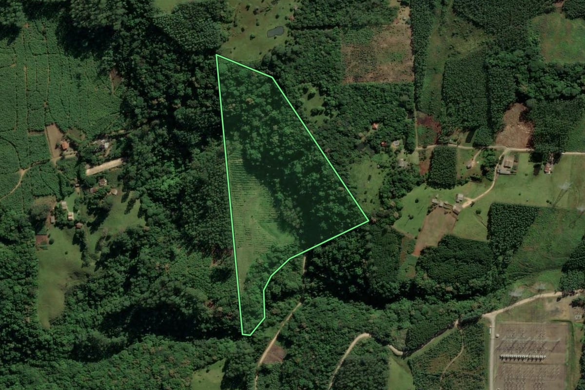 Imagem de satélite do imóvel rural em Siderópolis (SC), com o contorno declarado no CAR desenhado por cima.