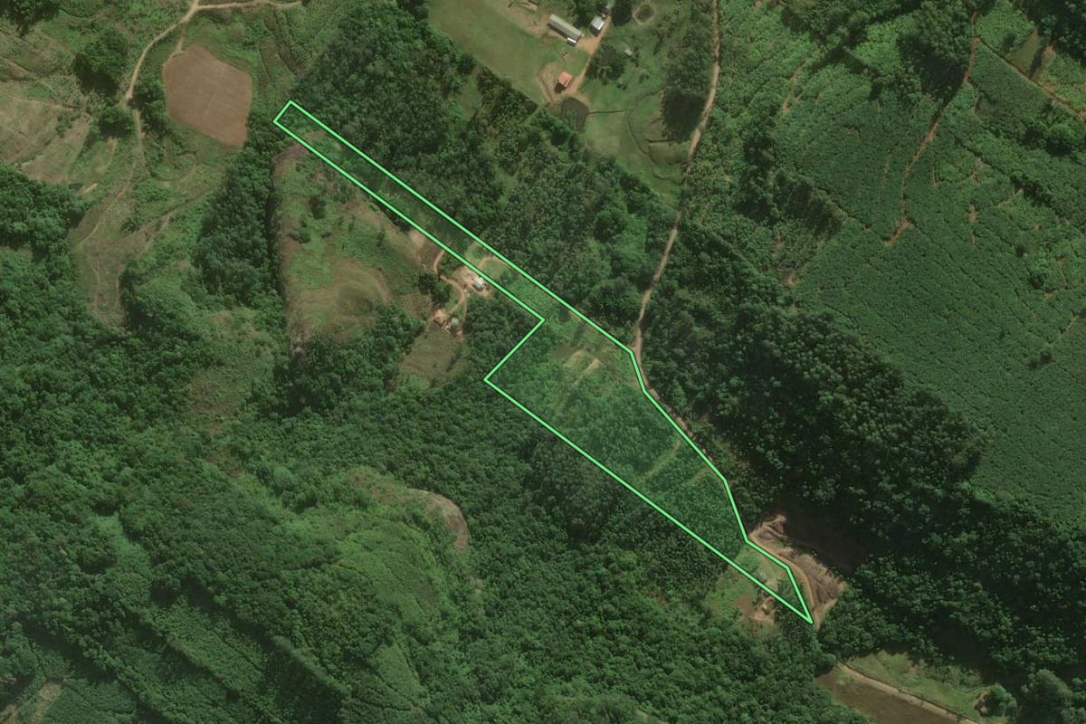 Imagem de satélite do imóvel rural em Sombrio (SC), com o contorno declarado no CAR desenhado por cima.