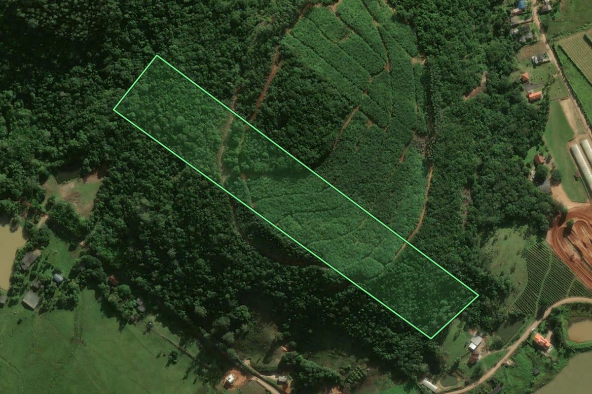Imagem de satélite do imóvel rural em Sombrio (SC), com o contorno declarado no CAR desenhado por cima.