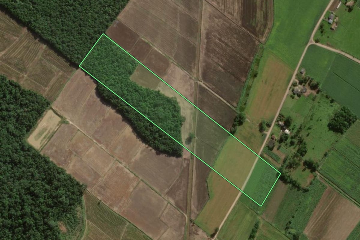 Imagem de satélite do imóvel rural em Sombrio (SC), com o contorno declarado no CAR desenhado por cima.