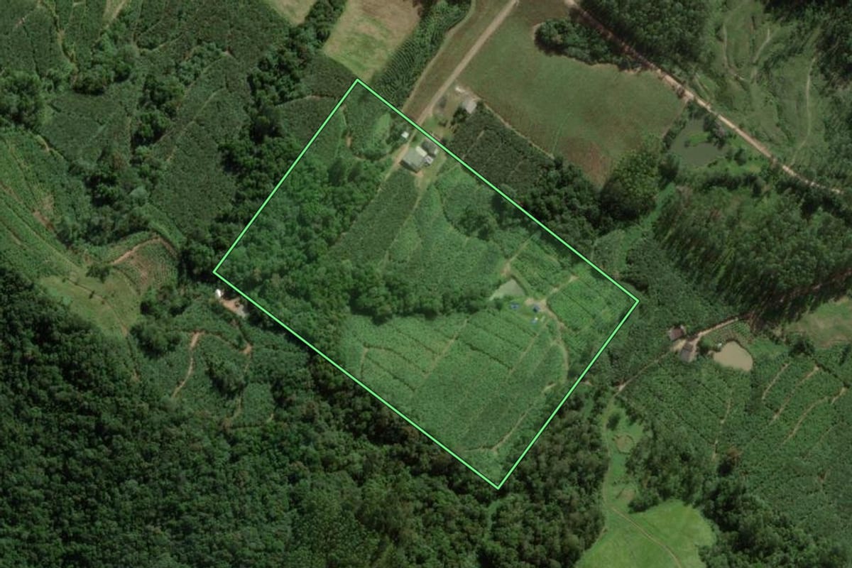 Imagem de satélite do imóvel rural em Sombrio (SC), com o contorno declarado no CAR desenhado por cima.