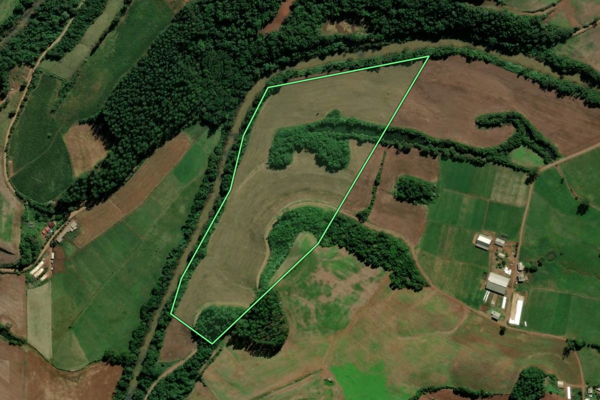 Imagem de satélite do imóvel rural em Sul Brasil (SC), com o contorno declarado no CAR desenhado por cima.