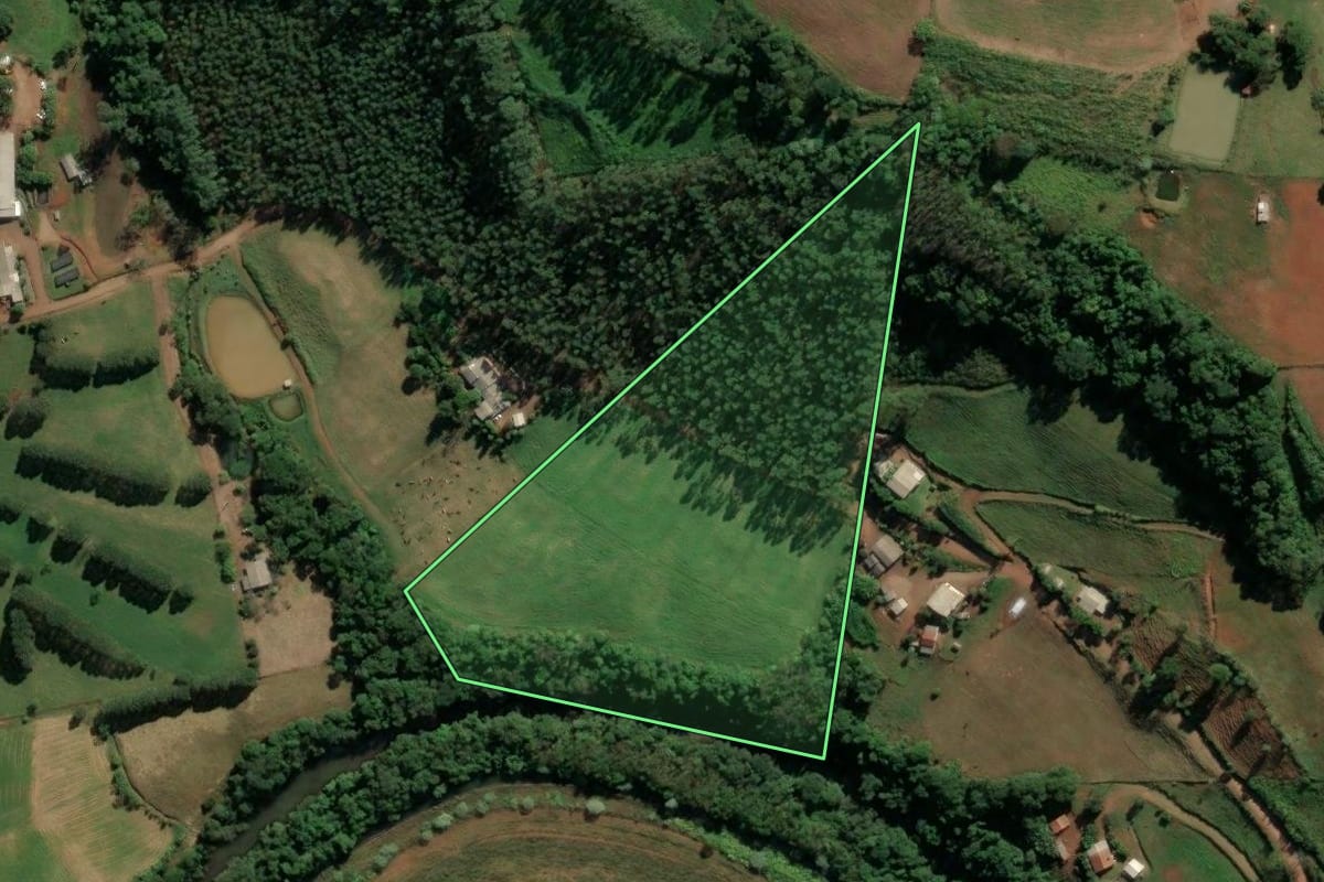 Imagem de satélite do imóvel rural em Sul Brasil (SC), com o contorno declarado no CAR desenhado por cima.