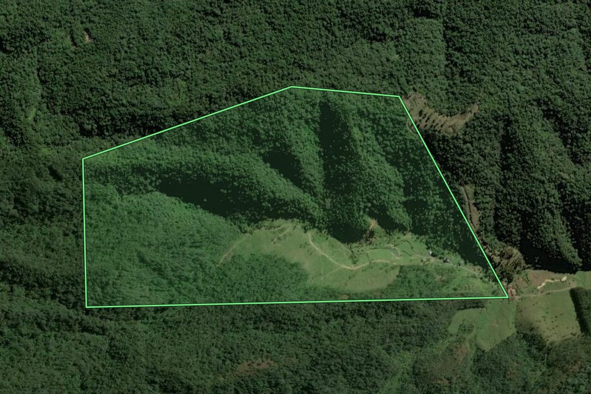 Imagem de satélite do imóvel rural em Taió (SC), com o contorno declarado no CAR desenhado por cima.
