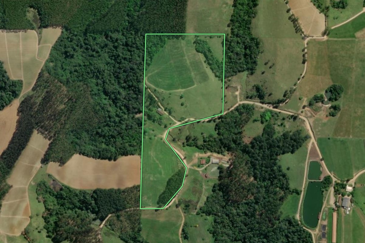 Imagem de satélite do imóvel rural em Taió (SC), com o contorno declarado no CAR desenhado por cima.