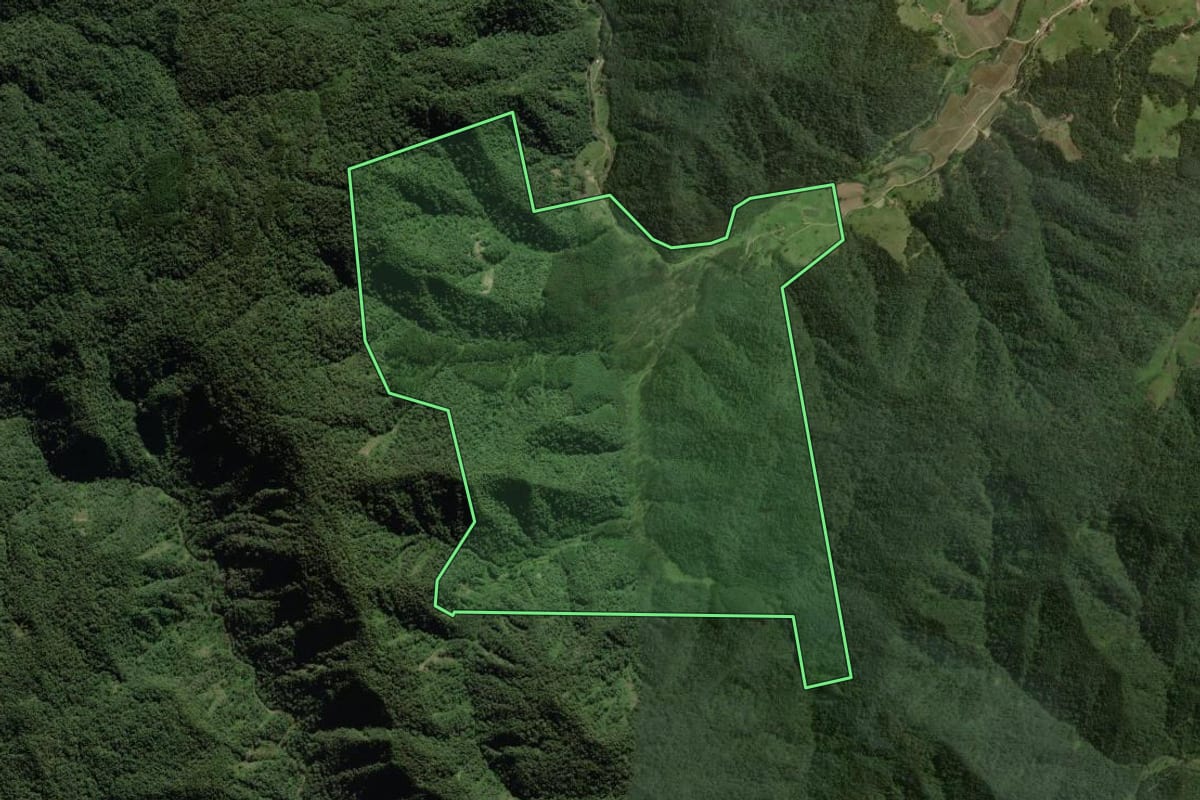Imagem de satélite do imóvel rural em Taió (SC), com o contorno declarado no CAR desenhado por cima.
