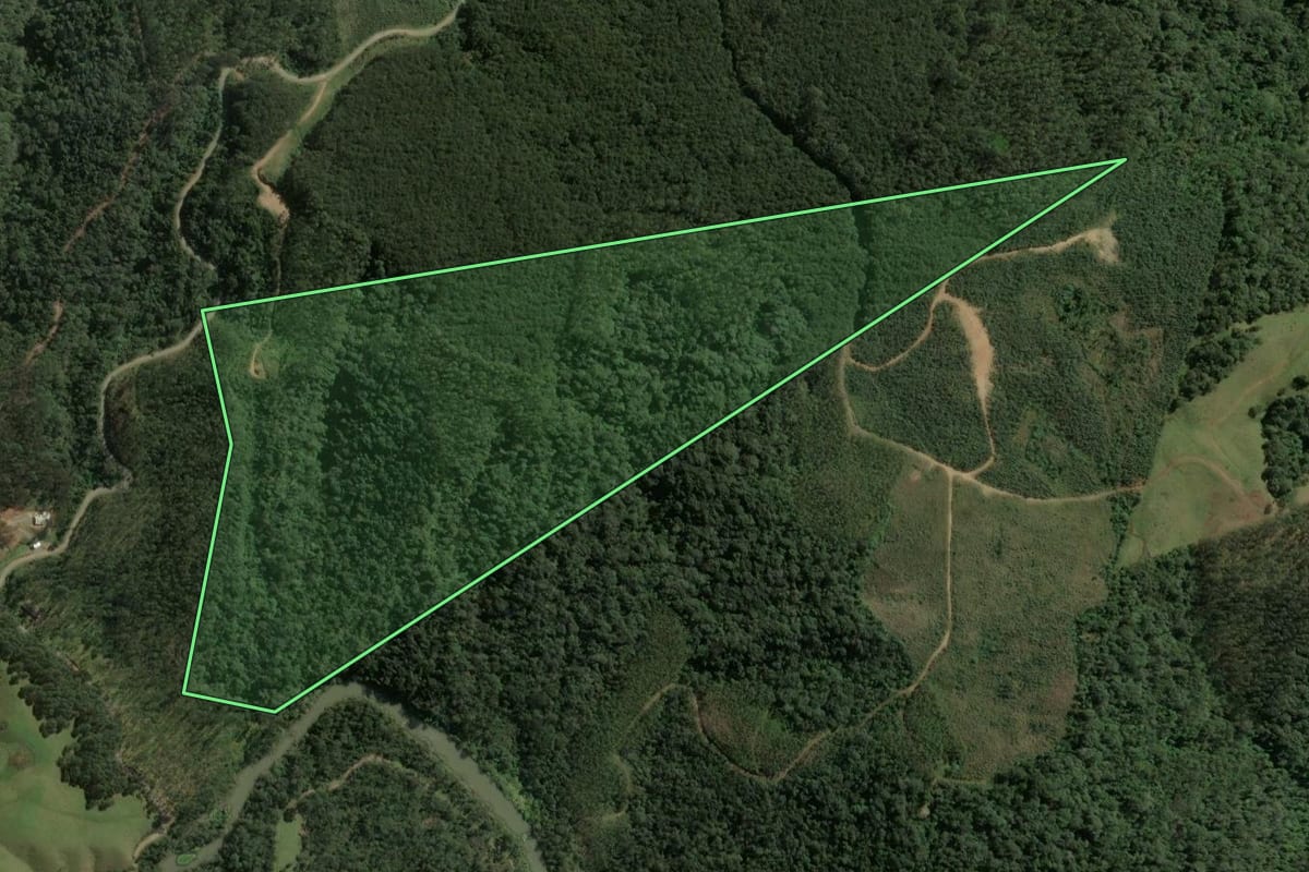 Imagem de satélite do imóvel rural em Taió (SC), com o contorno declarado no CAR desenhado por cima.