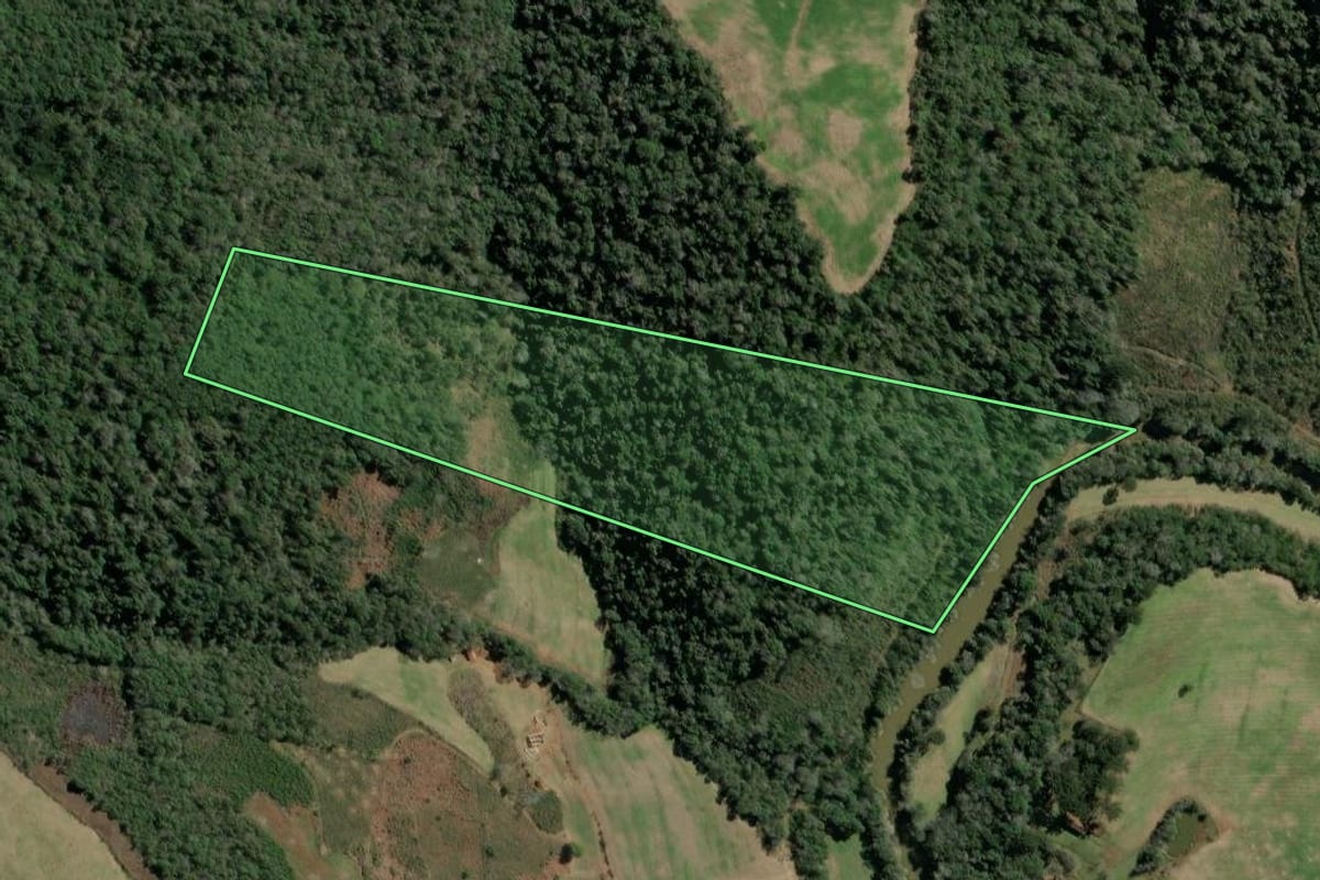 Imagem de satélite do imóvel rural em Tangará (SC), com o contorno declarado no CAR desenhado por cima.