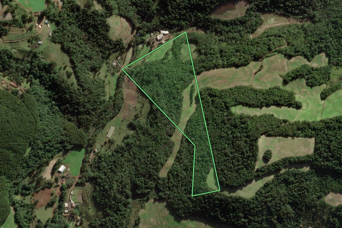 Imagem de satélite do imóvel rural em Tangará (SC), com o contorno declarado no CAR desenhado por cima.