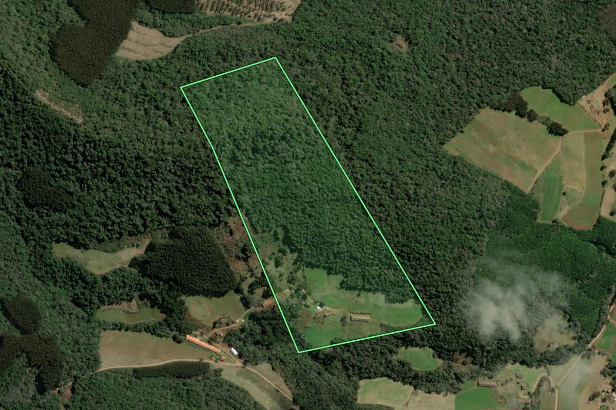 Imagem de satélite do imóvel rural em Tangará (SC), com o contorno declarado no CAR desenhado por cima.