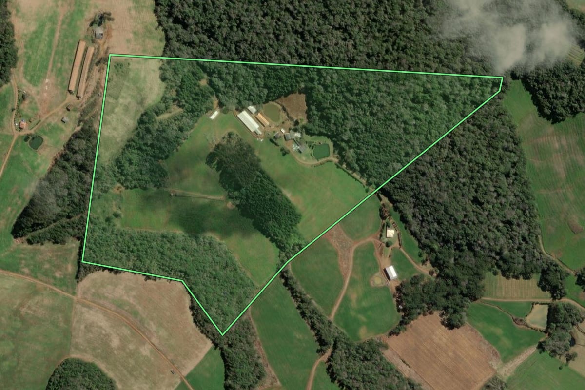 Imagem de satélite do imóvel rural em Tangará (SC), com o contorno declarado no CAR desenhado por cima.