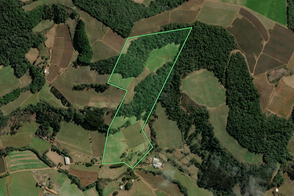 Imagem de satélite do imóvel rural em Tangará (SC), com o contorno declarado no CAR desenhado por cima.