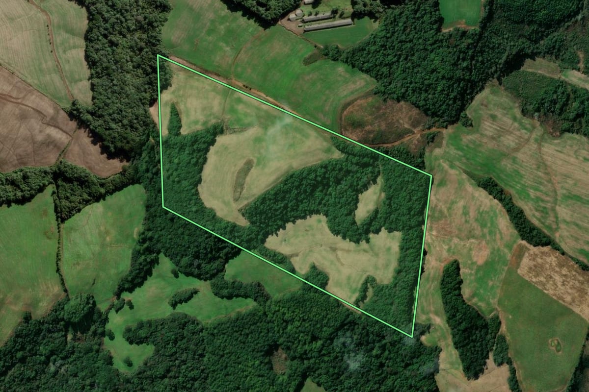 Imagem de satélite do imóvel rural em Tangará (SC), com o contorno declarado no CAR desenhado por cima.