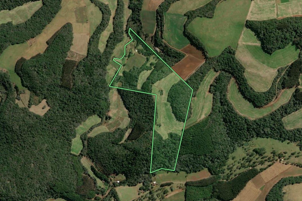 Imagem de satélite do imóvel rural em Tangará (SC), com o contorno declarado no CAR desenhado por cima.