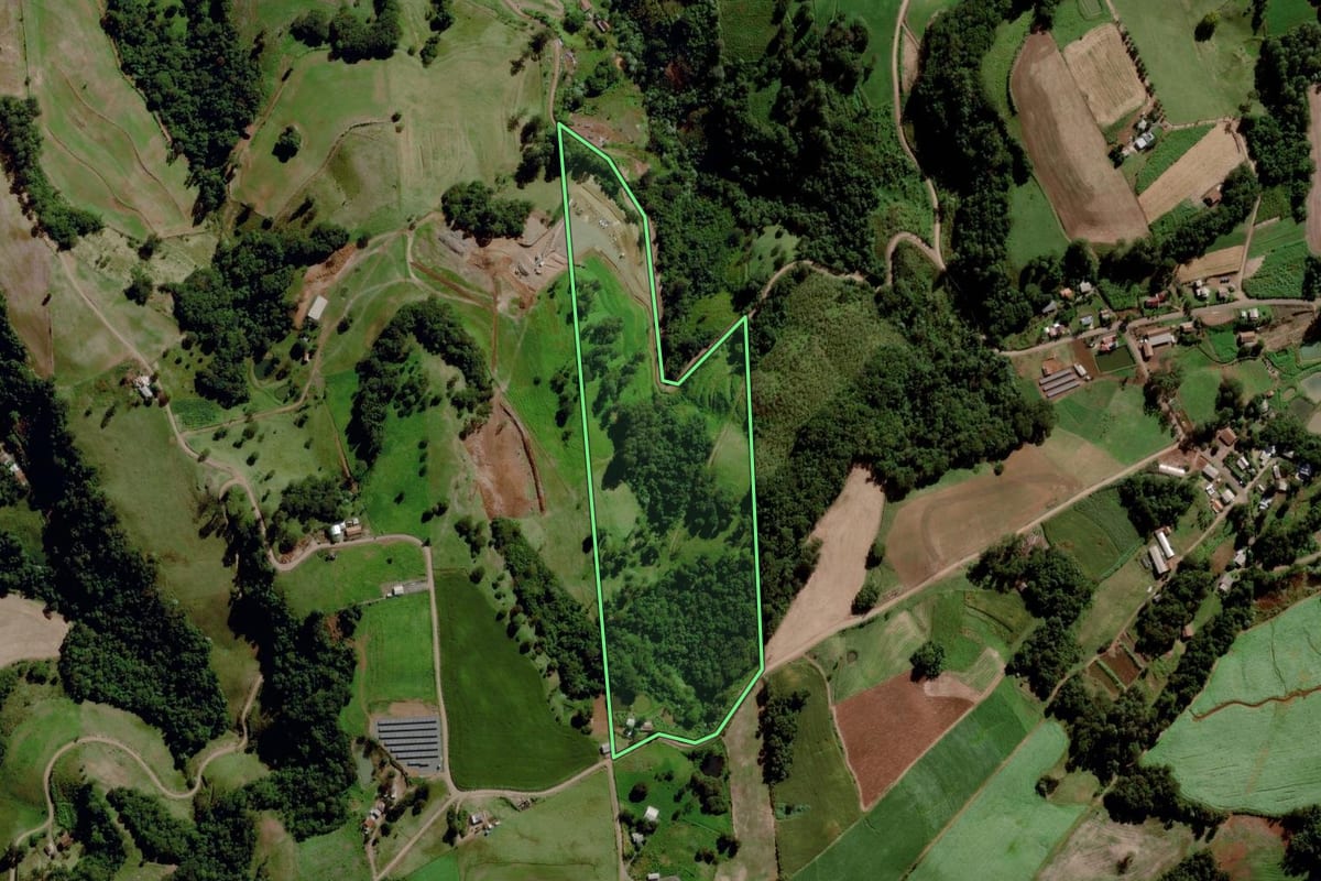 Imagem de satélite do imóvel rural em Tigrinhos (SC), com o contorno declarado no CAR desenhado por cima.