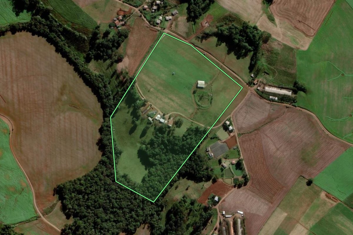 Imagem de satélite do imóvel rural em Tigrinhos (SC), com o contorno declarado no CAR desenhado por cima.
