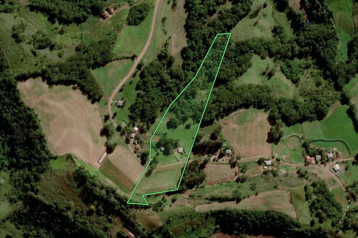 Imagem de satélite do imóvel rural em Tigrinhos (SC), com o contorno declarado no CAR desenhado por cima.