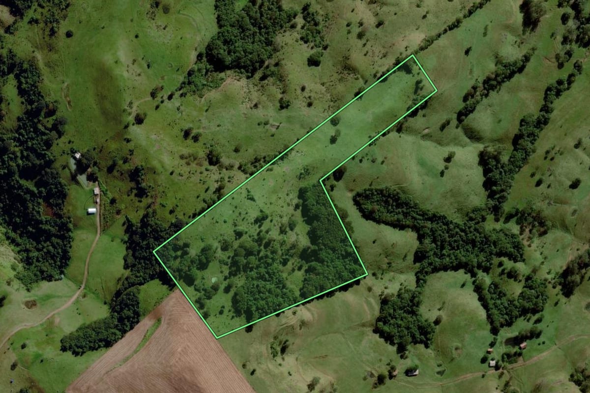 Imagem de satélite do imóvel rural em Tigrinhos (SC), com o contorno declarado no CAR desenhado por cima.