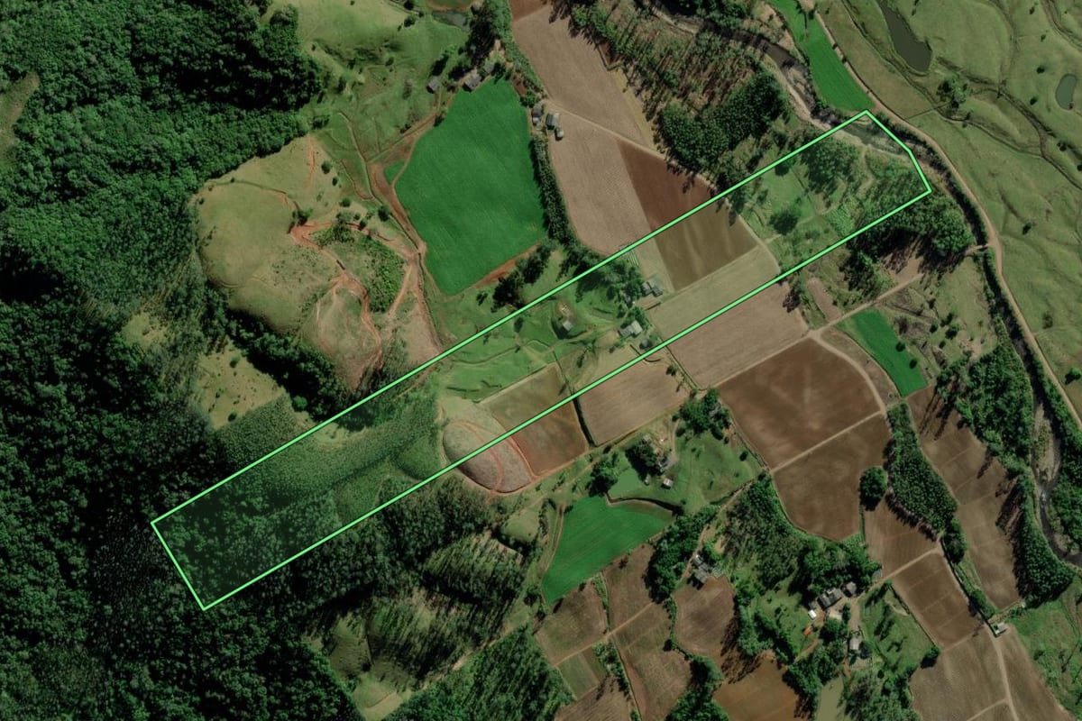 Imagem de satélite do imóvel rural em Timbé do Sul (SC), com o contorno declarado no CAR desenhado por cima.