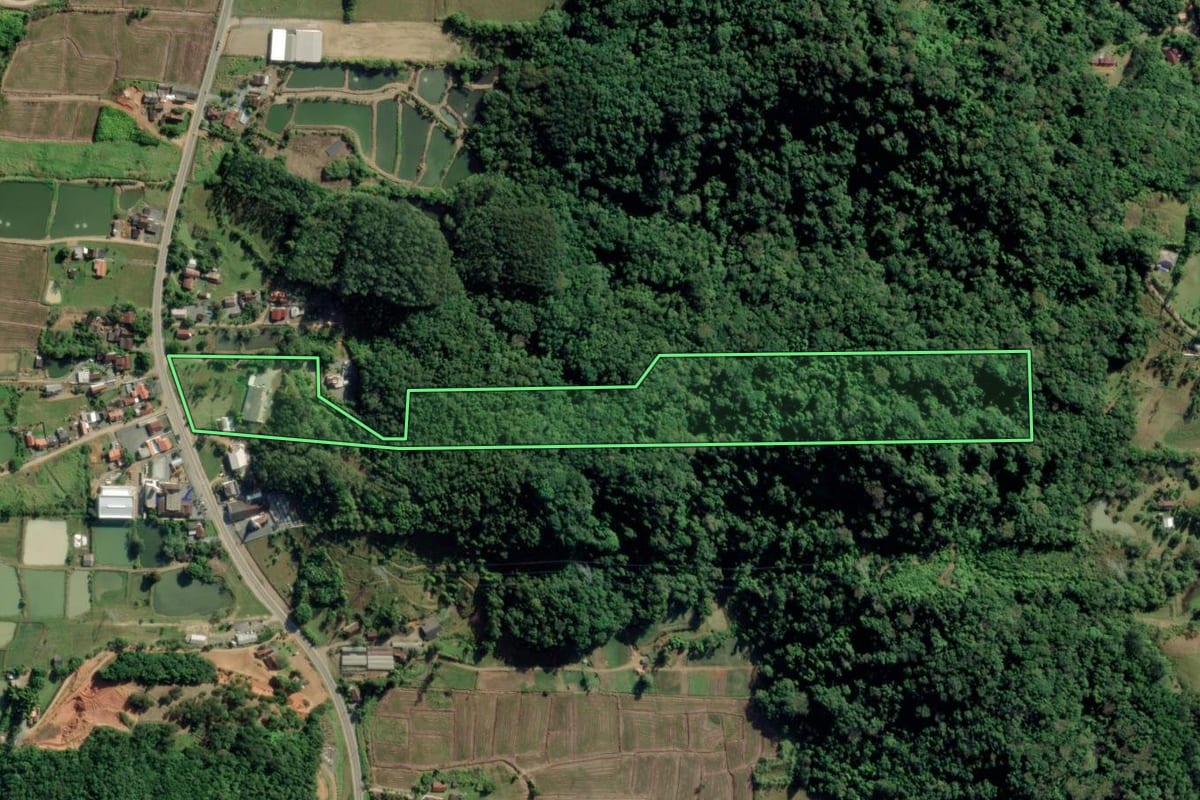 Imagem de satélite do imóvel rural em Timbó (SC), com o contorno declarado no CAR desenhado por cima.