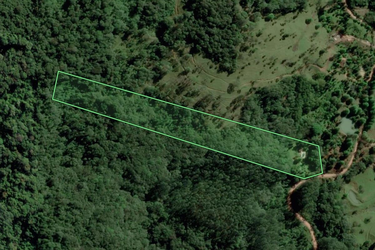 Imagem de satélite do imóvel rural em Timbó (SC), com o contorno declarado no CAR desenhado por cima.