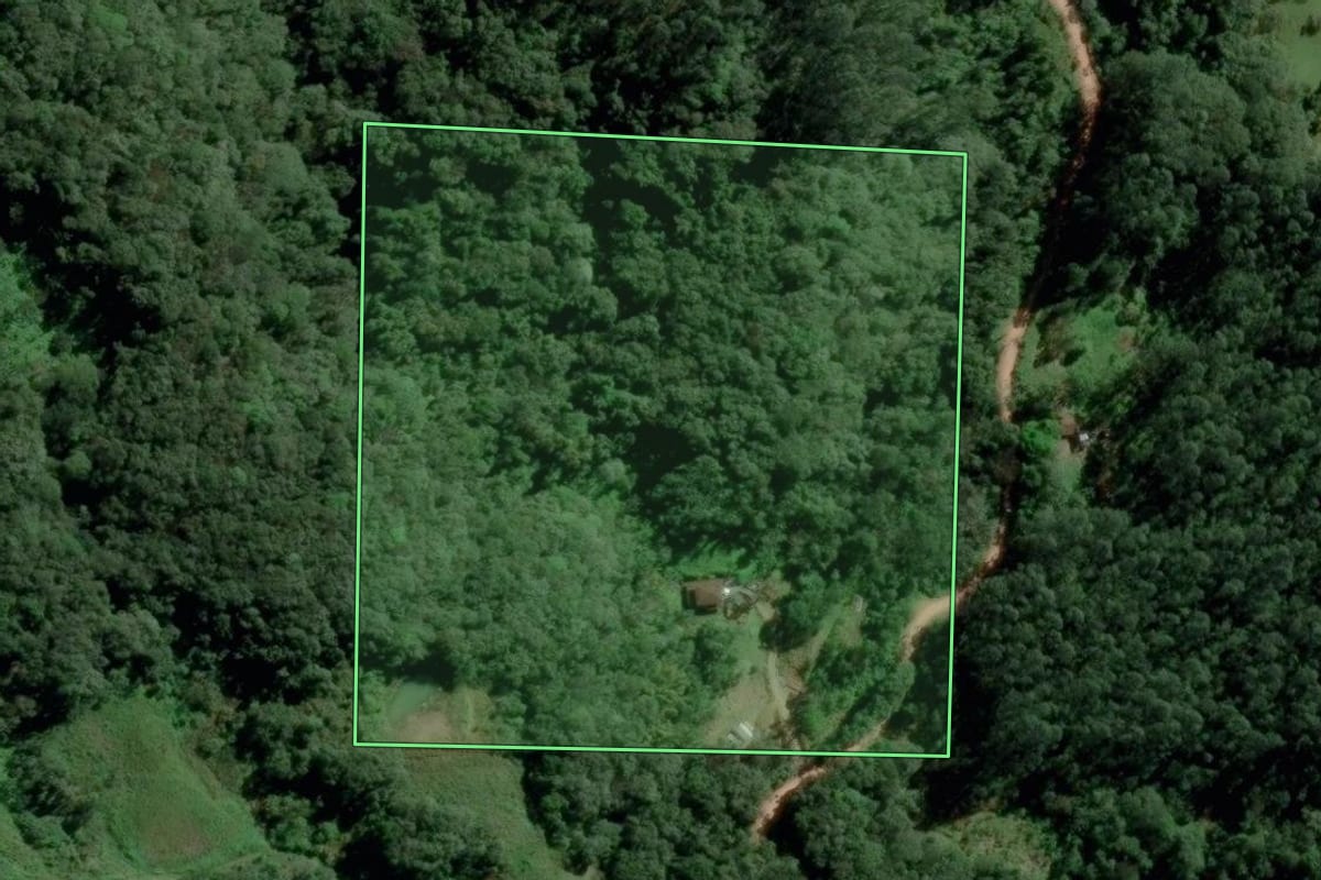 Imagem de satélite do imóvel rural em Timbó (SC), com o contorno declarado no CAR desenhado por cima.