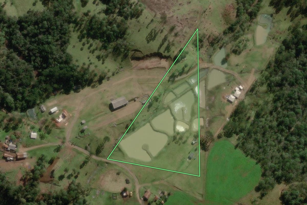 Imagem de satélite do imóvel rural em Timbó Grande (SC), com o contorno declarado no CAR desenhado por cima.