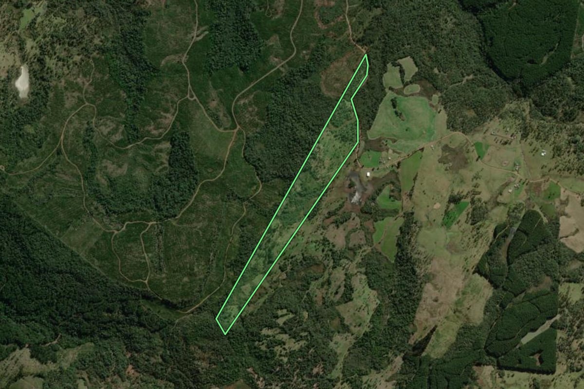 Imagem de satélite do imóvel rural em Timbó Grande (SC), com o contorno declarado no CAR desenhado por cima.