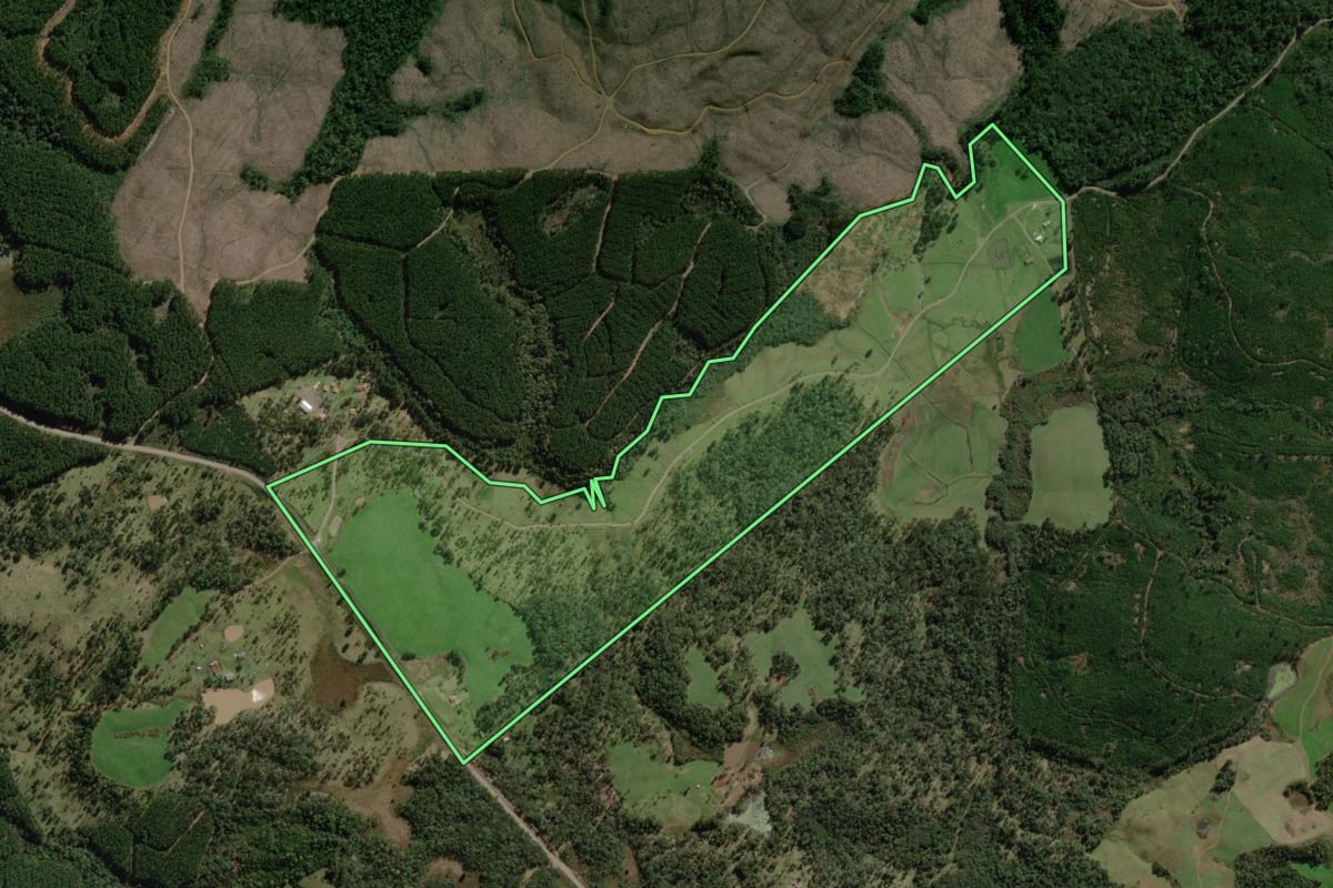 Imagem de satélite do imóvel rural em Timbó Grande (SC), com o contorno declarado no CAR desenhado por cima.