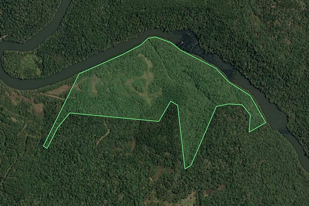 Imagem de satélite do imóvel rural em Timbó Grande (SC), com o contorno declarado no CAR desenhado por cima.