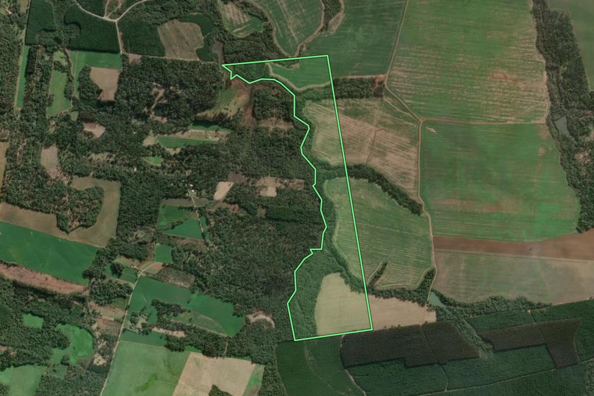Imagem de satélite do imóvel rural em Três Barras (SC), com o contorno declarado no CAR desenhado por cima.