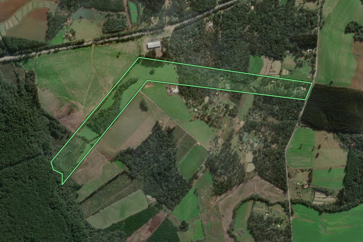 Imagem de satélite do imóvel rural em Três Barras (SC), com o contorno declarado no CAR desenhado por cima.