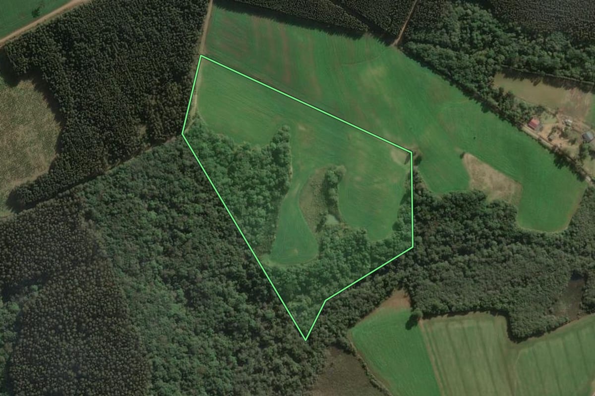 Imagem de satélite do imóvel rural em Três Barras (SC), com o contorno declarado no CAR desenhado por cima.